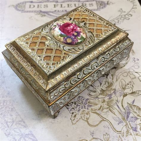 antique metal trinket box with lid ornate border|Ornate Trinket Box .